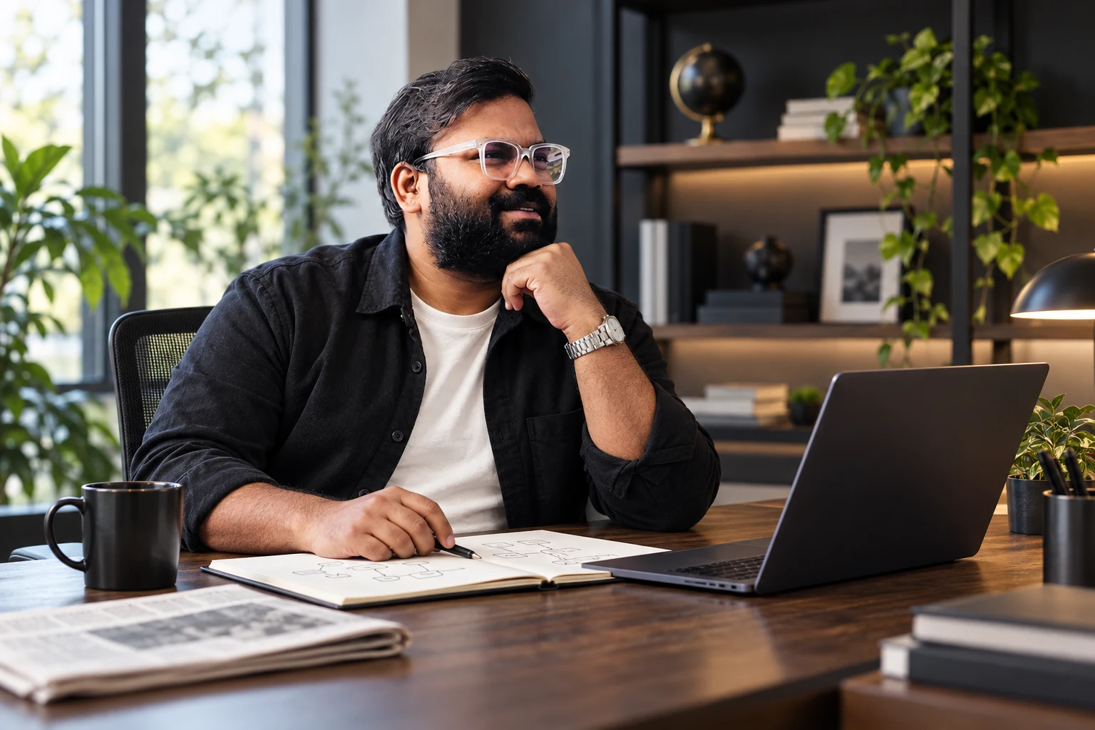 Editorial portrait of Sai Srinivas thinking through a system design at his desk